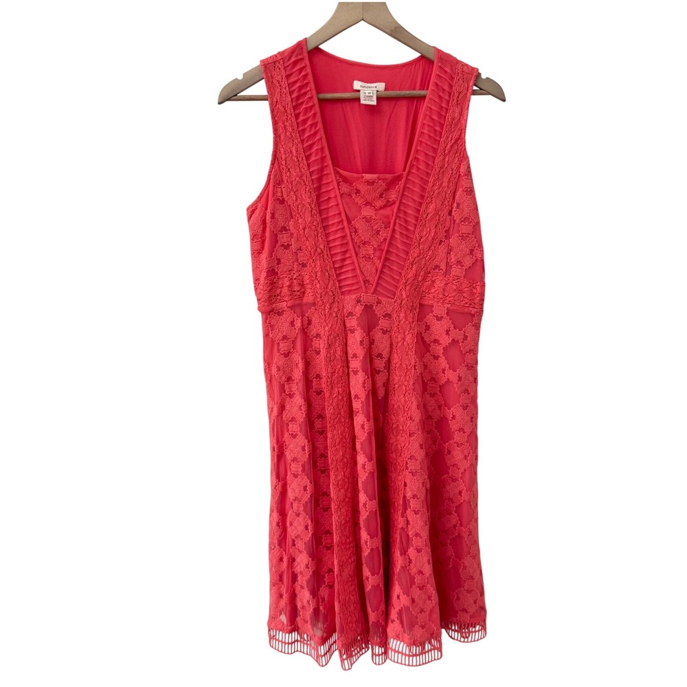 Sundance Lace Fit and Flare Dress 10 Coral Pink Sleeveless V-Neck Pleated